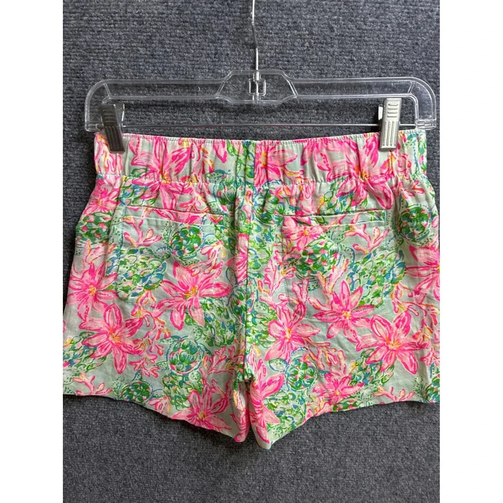 Lilly Pulitzer XXS Pink Green Floral Linen Pull On Shorts Elastic Waist 3 Inseam
